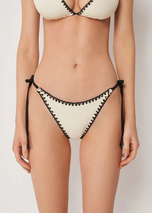 Brazilian String Swimsuit Bottom Bicolor Embroidery