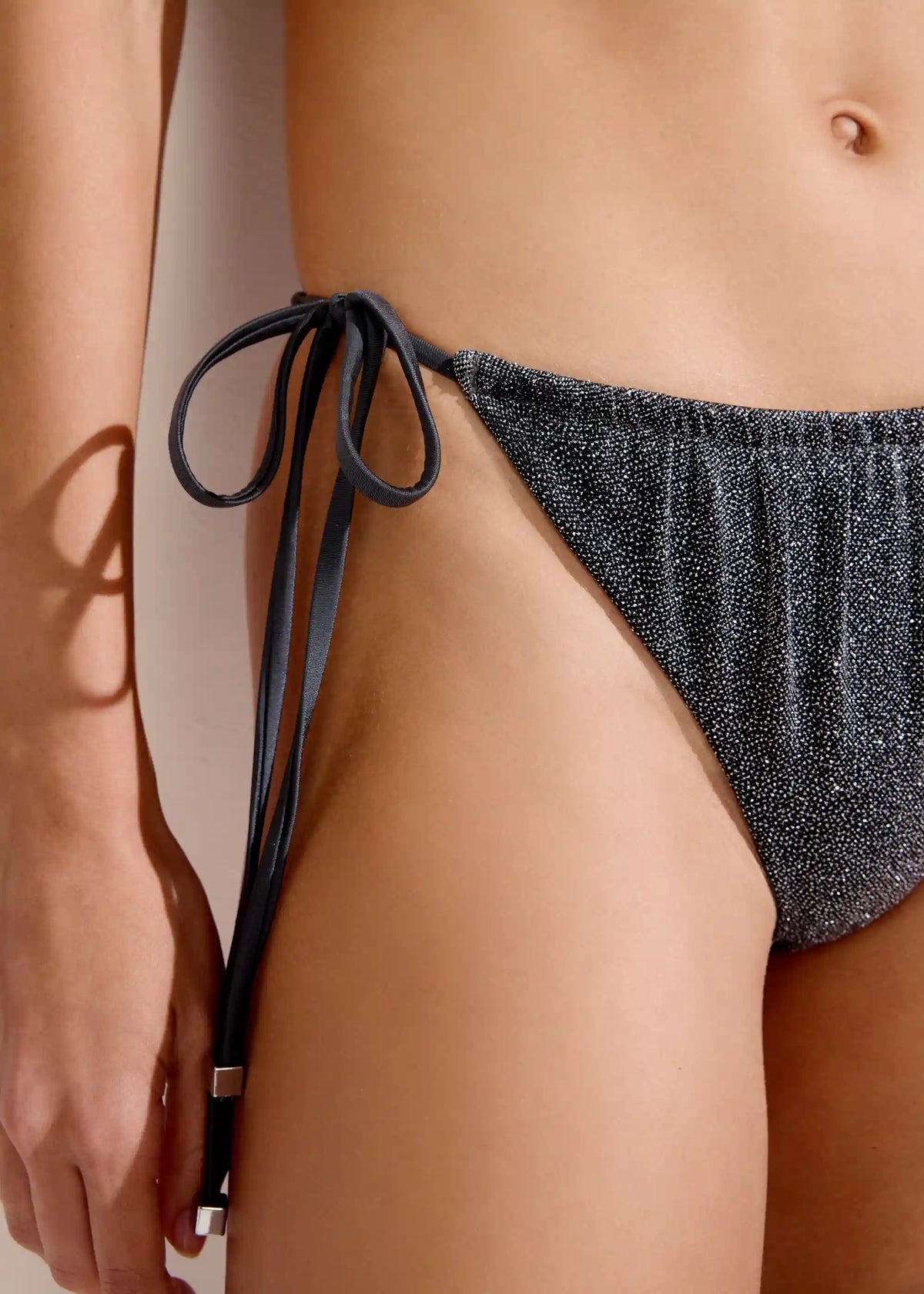 Brazilian String Swimsuit Bottom Silver Glitter